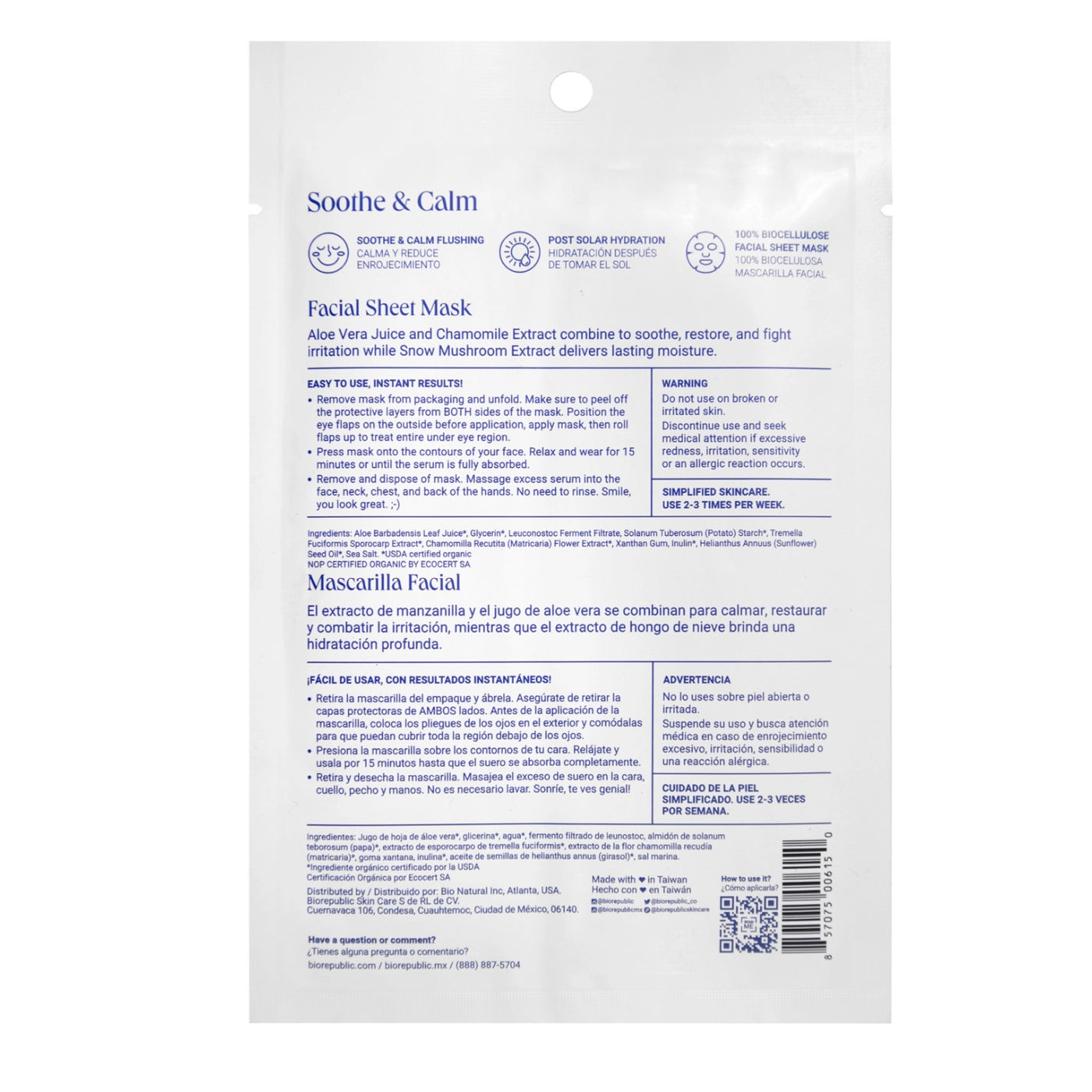 BioRepublic’s Soothe and Calm Organic Facial Sheet Mask - XQ