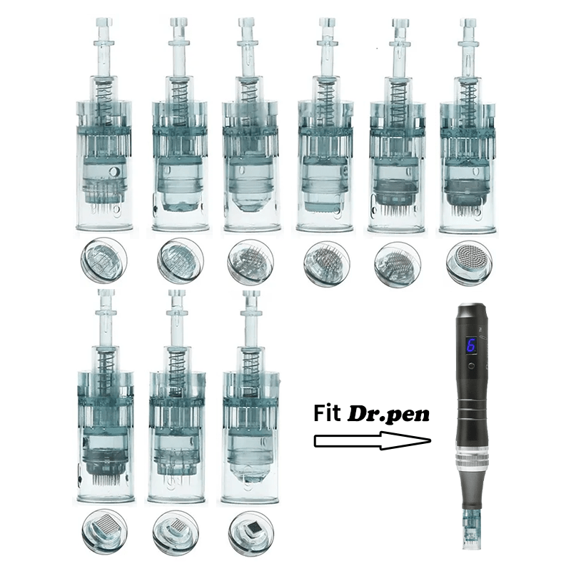 Ten transparent Dr. Pen replacement cartridges with various needle configurations are shown next to a black Dr. Pen.