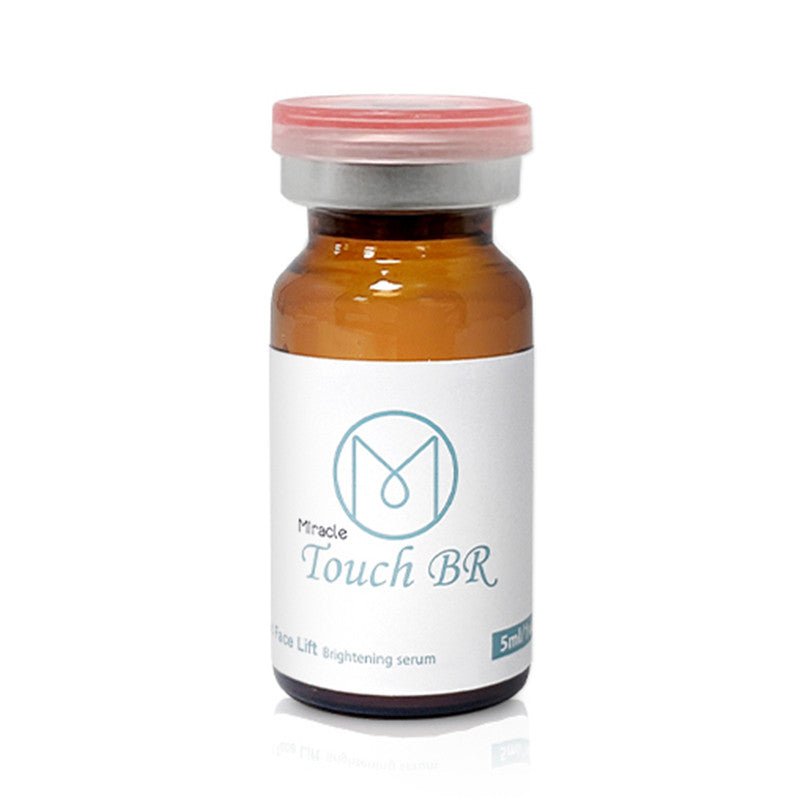 A brown glass vial of Miracle Touch BR serum with a white label and pink cap.