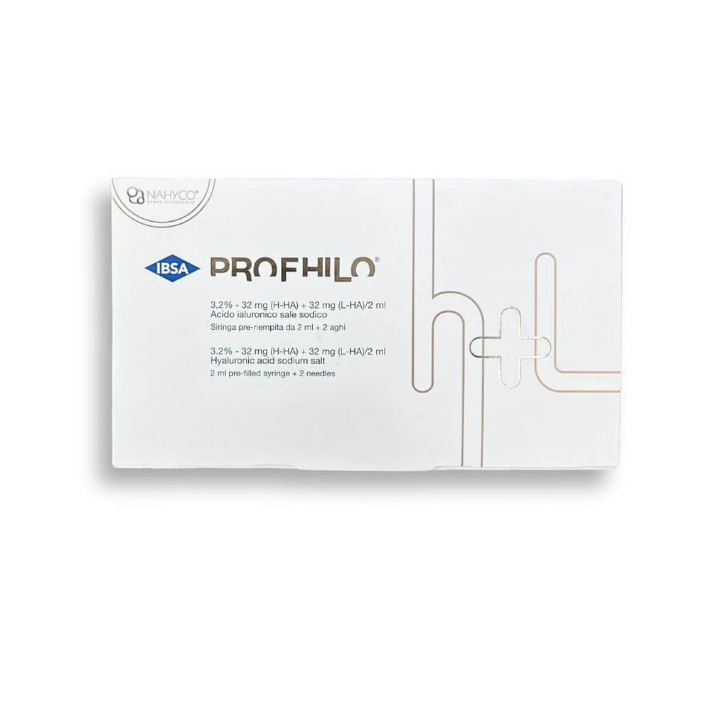 White box of Profhilo H+L 2ml with text in Italian and English, and a stylized logo.
